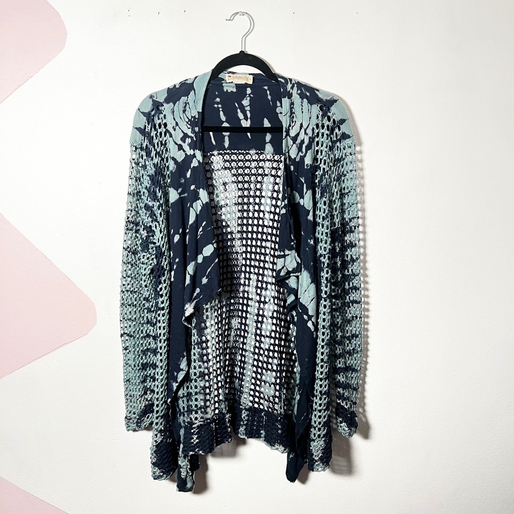 Vintage Impulse California Tie Dye Crochet Mesh Open Front Cardigan Blue Boho XL
